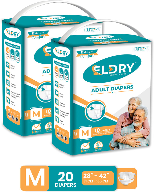 Eldry Adult Diaper Tape Style Waist Size (28-42 inches | 71-105 cm), Pack of 5 Adult Diapers - M(50 Pieces)