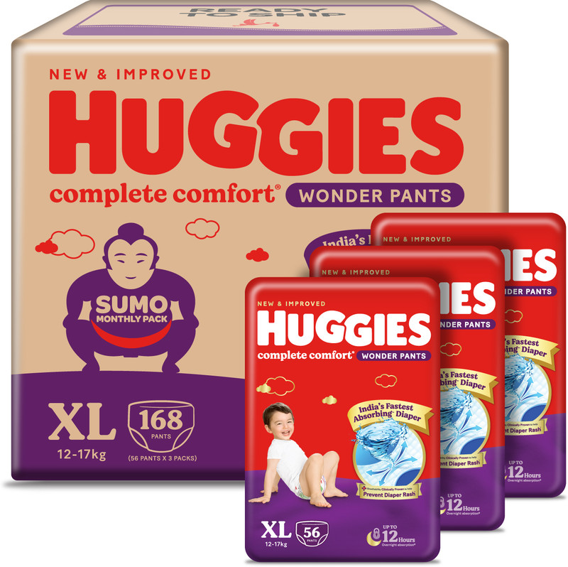 Huggies Complete Comfort Wonder Pants, India's Fastest Absorbing Diaper | - XL(168 Pieces)