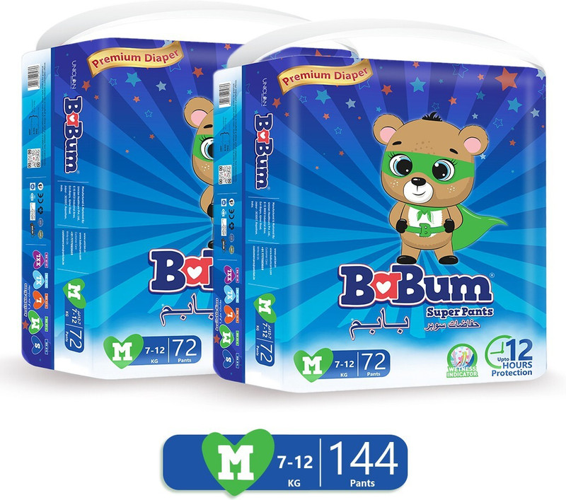 Babum Baby Premium Diapers | up to 12 hrs Absorption | 7-12 Kg | Soft & Comfortable - M(144 Pieces)