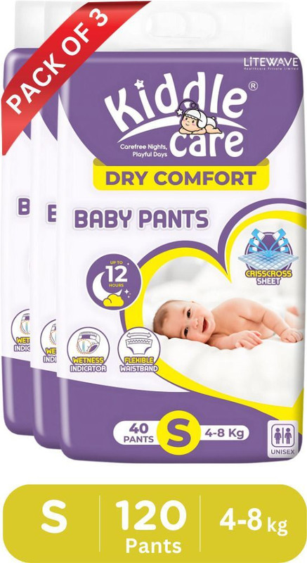 Kiddle Care Baby Diaper Pants, Upto 12Hrs Absorption, 4-8 Kg - S(120 Pieces)