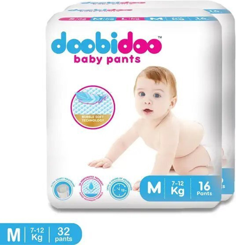 Doobidoo BabyPants Medium Size Rash Free Soft Diapers Anti-Leak Highly Absorbent 7-12Kg - M(32 Pieces)