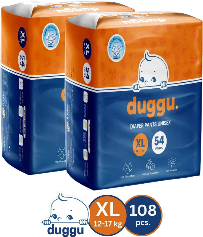 Duggu Soft Baby Diaper Pants | 12-17 kg | Up to 10 Hours Absorption | Pack of 2 - XL(108 Pieces)
