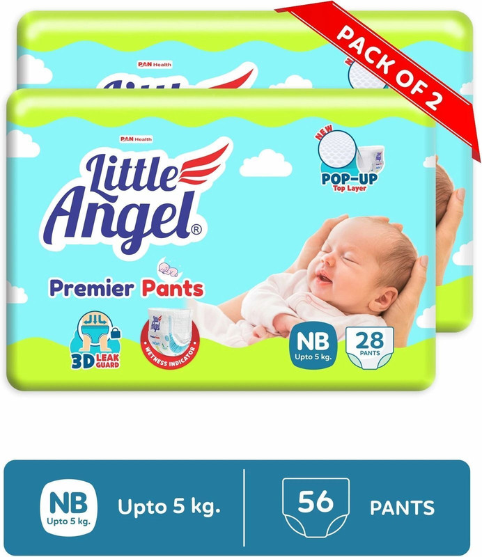 Little Angel Premier Pants Baby Diaper,up to 5 kgs,28 count/pack - New Born(56 Pieces)