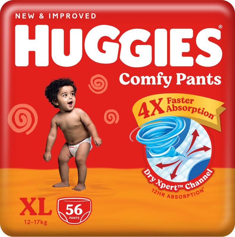 Huggies Comfy Baby Diaper Pants, Upto 50% Faster Absorption - XL(56 Pieces)