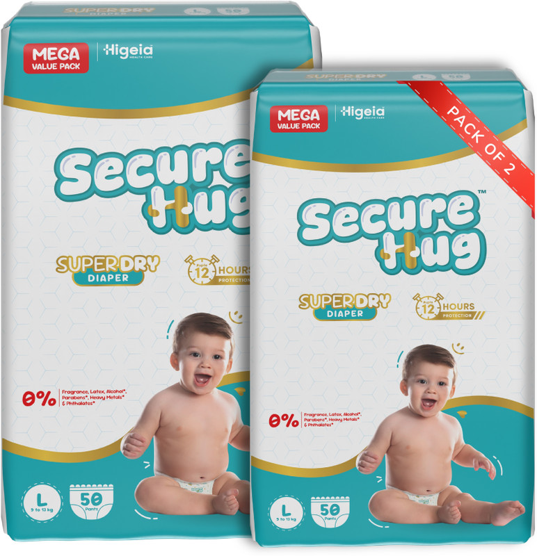 Secure Hug Super Dry Baby Diaper Pants with 3 Layer Leakage Protection & High Absorbency - L(100 Pieces)