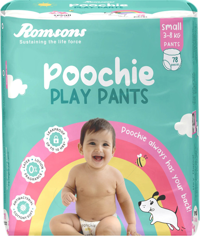 Romsons Poochie Play Baby Diaper Pants| 3-8 Kg | Wetness Indicator | Cottony Soft - S(78 Pieces)