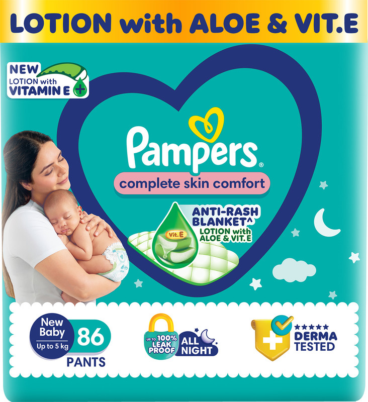 Pampers Complete Skin Comfort Pants, Anti-rash blanket, Lotion with VitaminE & Aloe Vera - New Born(86 Pieces)