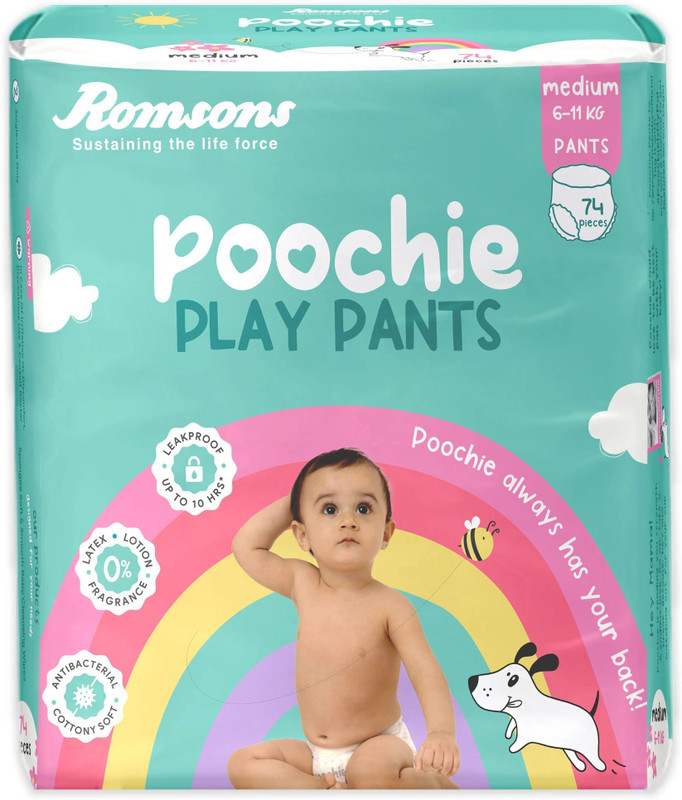 Romsons Poochie Play Baby Diaper Pants| 6-11 Kg | Wetness Indicator | Cottony Soft - M(74 Pieces)