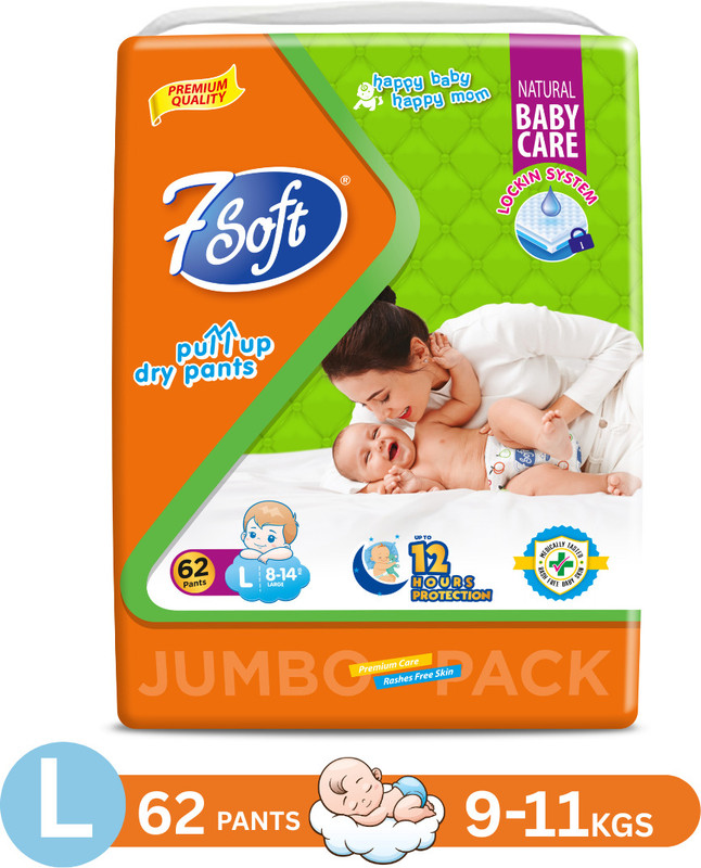 7 Soft Premium Absorb Dry Pants | Rash-Free Comfort | GentleCare SmartFit Baby Pants - L(62 Pieces)