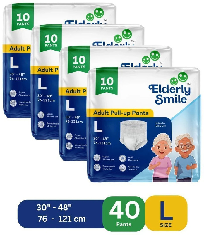 Elderly Smile Super Absorbent Premium Pull Up Pants | Waist Size (30"-48") | Pack of 4 Adult Diapers - L(40 Pieces)