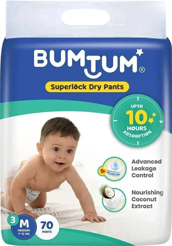 BUMTUM Superlock Diapers Pants with Superlock Gel Technology |Coconut Extracts - M(70 Pieces)