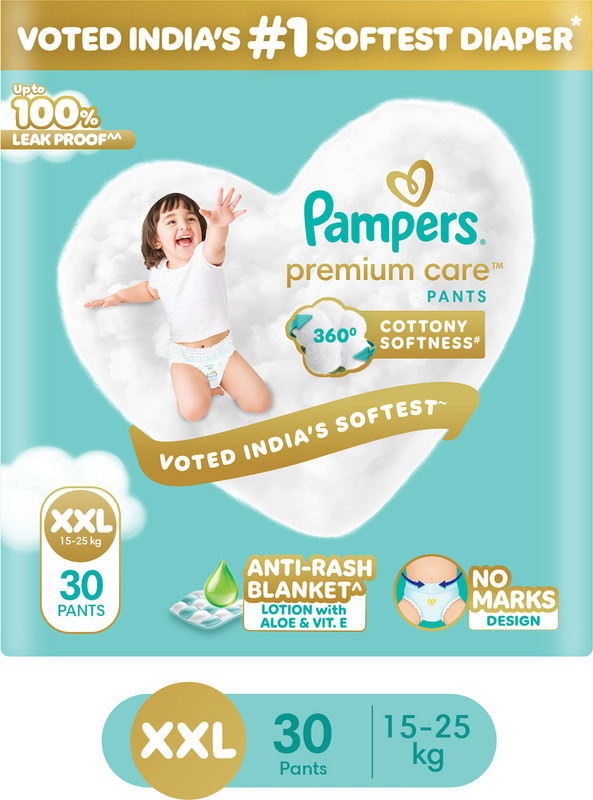 Pampers Premium Care Pants XXL 30 | No Marks | Indias Softest Diaper - XXL(30 Pieces)