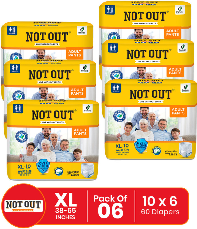 NOT OUT Pant Style Adult Diaper | Waist Size 38-65 Inch | Fast Absorption & Odour Free Pant Diapers - XL(60 Pieces)