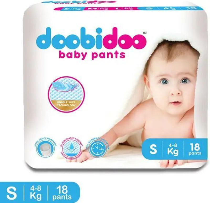 Doobidoo Premium baby diaper pants Cushiony Cotton. 12 hrs absorption. Rash free - S(18 Pieces)