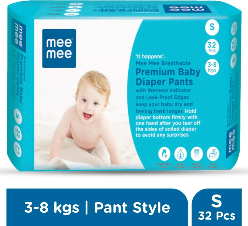 MeeMee Baby Diaper Pants, Wetness Indicator, Leakage Protection, High Absorb Technology - S(32 Pieces)