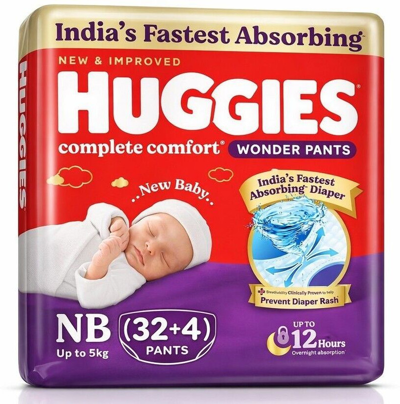 Huggies Complete Comfort Wonder Pants Style Baby Diapers Newborn Size Ideal for 0-5 Kgs - New Born(36 Pieces)