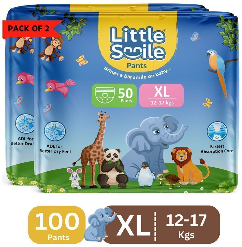 Little Smile Baby Pants Extra Absorb Diapers - Extra Large -100 Pieces -Pack of 2 - XL(100 Pieces)