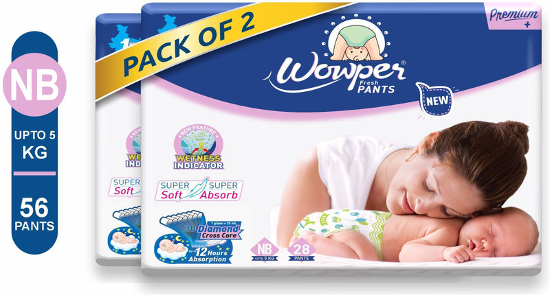 Wowper Baby Diapers Pants| up to 12 hrs Absorption | Upto 5 Kg | Soft & Comfortable - New Born(56 Pieces)