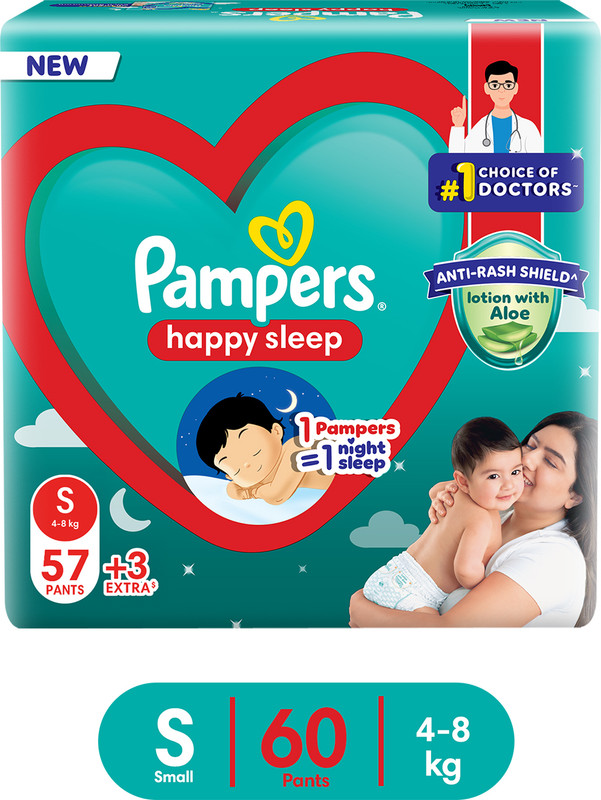 Pampers Happy Sleep Pant Style Baby Diaper, 1 Night Sleep with Anti Rash Shield - S(60 Pieces)