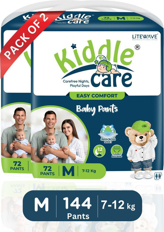 Kiddle Care Easy Comfort Baby Diaper Pants | Medium (M) | 7-12 Kg | Pack of 2 Pant Diapers - M(144 Pieces)