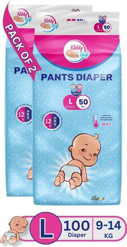 KiddySoft Baby Diaper Pant Style| 5 Layer All Night Leakage Protection & Quick Absorbency - L(100 Pieces)