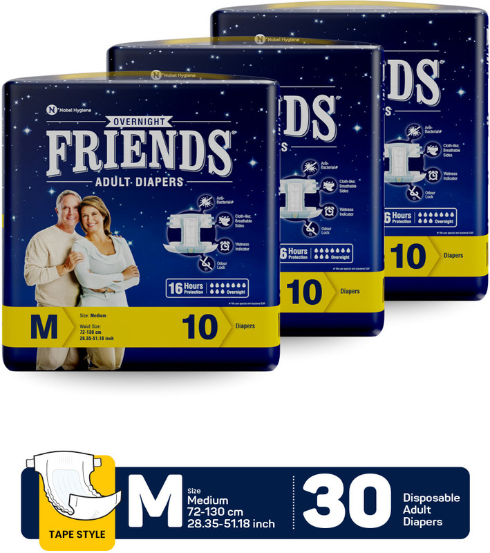 FRIENDS Overnight Tape Type Adult Diapers - M(30 Pieces)