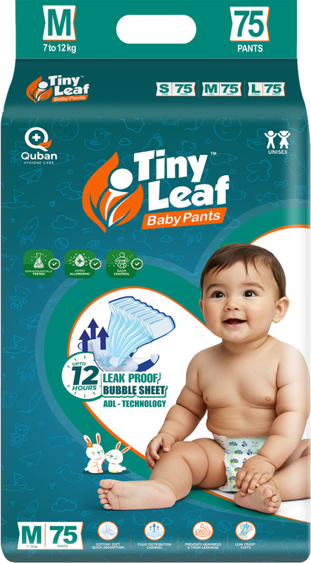 Tiny Leaf Baby Diaper Pants 12hrs Absorption with ADL |Medium 7-12kg, Pack 1 - M(75 Pieces)