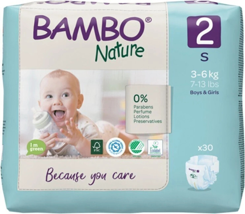 Bambo Nature Eco-friendly Tape Diapers with Wetness Indicator - S(30 Pieces)