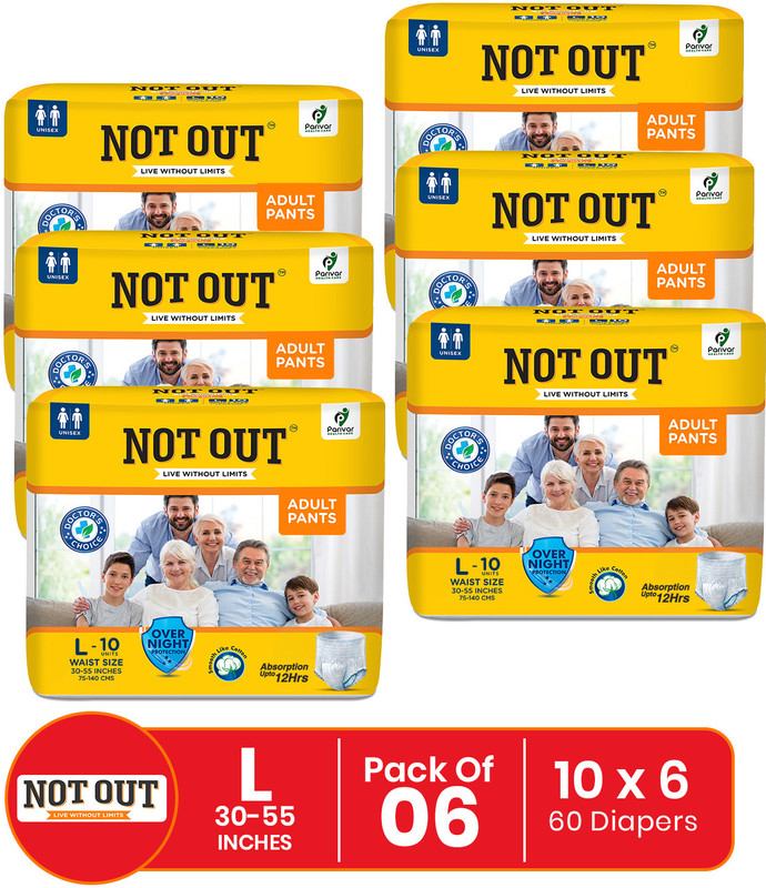 NOT OUT Pant Style Adult Diaper | Waist Size 30-55 Inch | Quick Absorption & Leakproof Pant Diapers - L(60 Pieces)