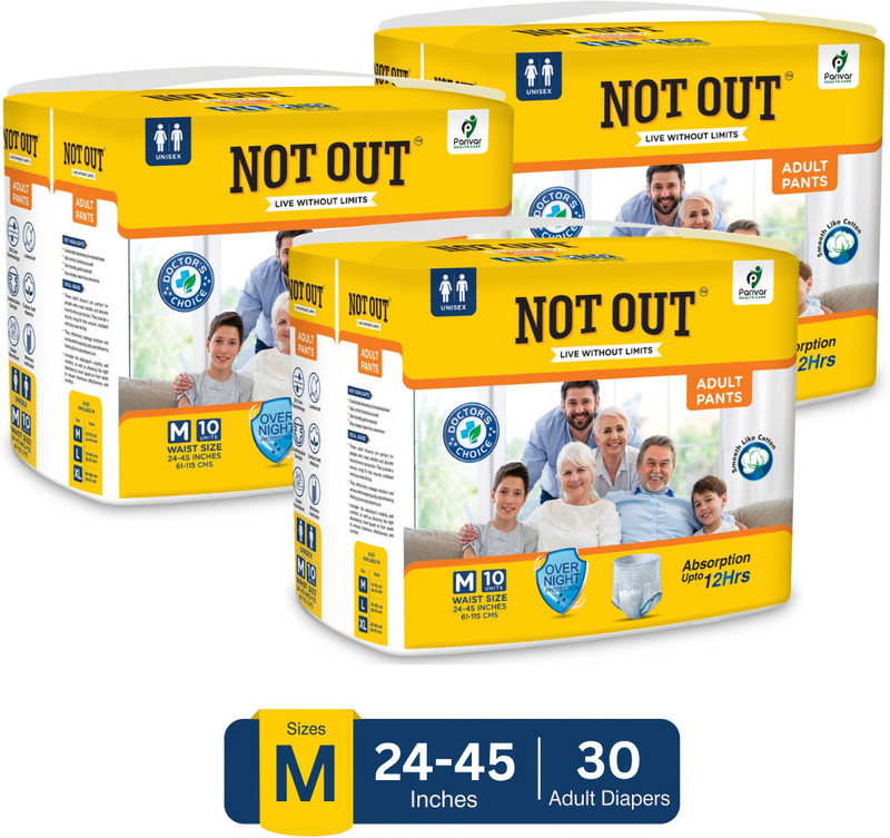 NOT OUT Overnight Protection with 3D Core, Odour Control & Up to 12-Hour Absorption - M(60 Pieces)