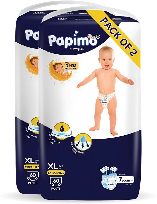 Papimo pants Baby Diaper | Up to 10 Hours Absorption with Criss-Cross Technology | Pack of 2 - XL(100 Pieces)