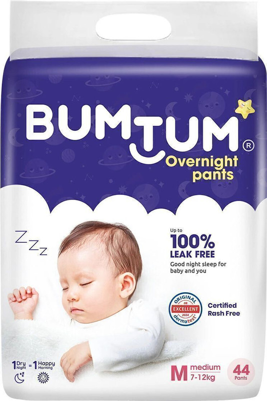BUMTUM Baby Overnight Diaper Pants, Chamomile Microbial Layer Protection - M(44 Pieces)