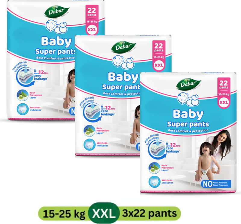 Dabur Baby Super Pants | Infused with Shea Butter & Vitamin E | Insta-Absorb Technology - XXL(66 Pieces)