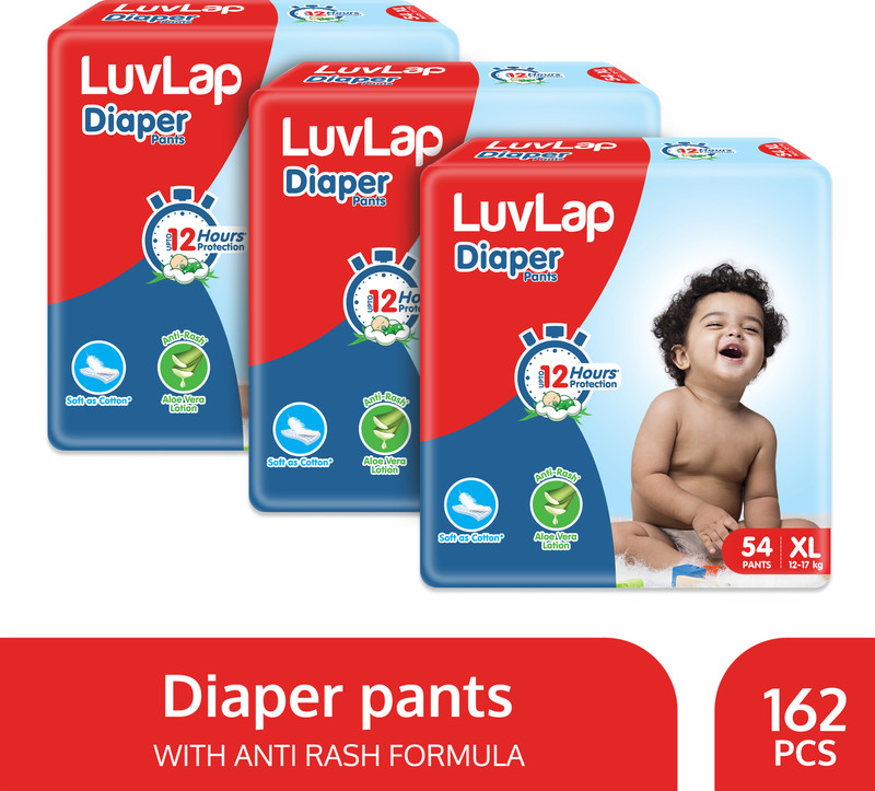 LuvLap Diaper Pants Extra Large (XL) 12 to 17Kg, Super Jumbo Pack (54 Count x 3 = 162 Count), Baby Diaper Pants, with Aloe Vera Lotion for rash protection, with upto 12 Hour protection - XL(162 Pieces)