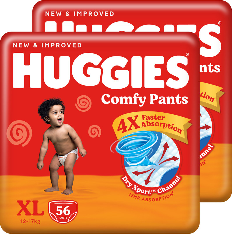 Huggies Comfy Baby Diaper Pants, Upto 50% Faster Absorption (56 X 2) - XL(112 Pieces)