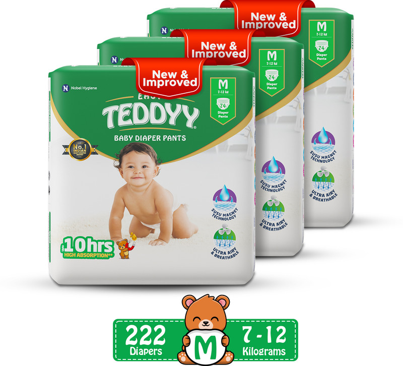 TEDDYY Easy Diaper Pants with Rash Protection and 3x Faster absorption Technology Pant Diapers - M(222 Pieces)