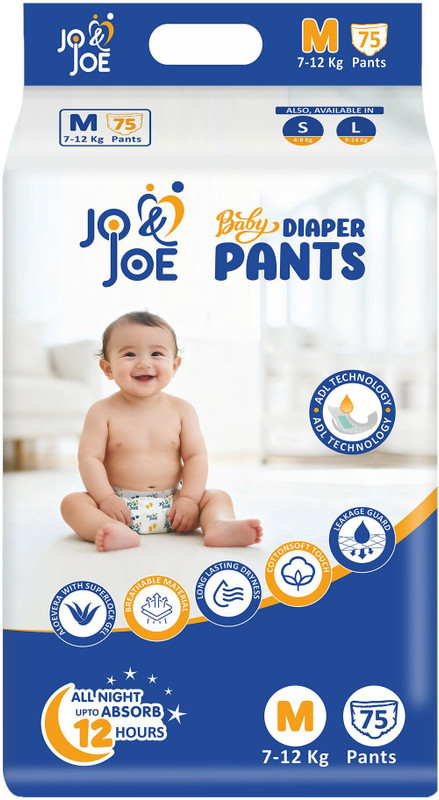 Jo & Joe Baby Diaper Pants with 12hrs Absorption, Breathable, Medium (7-12kg),Pack of 1 - M(75 Pieces)