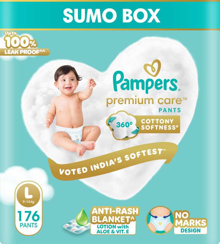 Pampers Premium Care Diaper Pants with 360 Cottony Softness - L(176 Pieces)