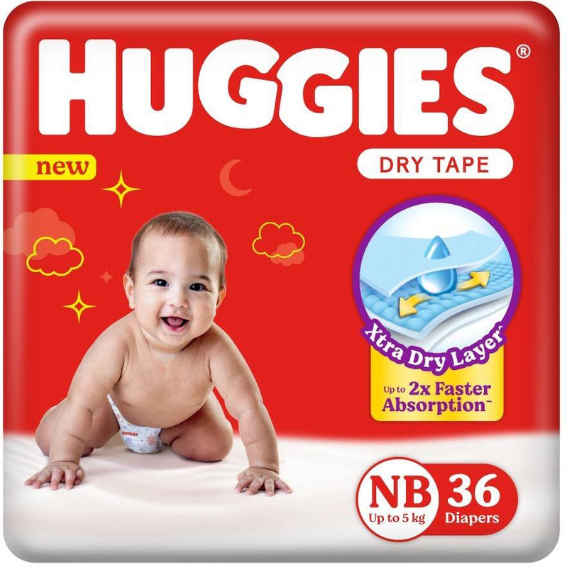 Huggies Dry Tape - Up to 2x Faster Absorption - Up to 12 Hours Overnight Absorption | - New Born(36 Pieces)