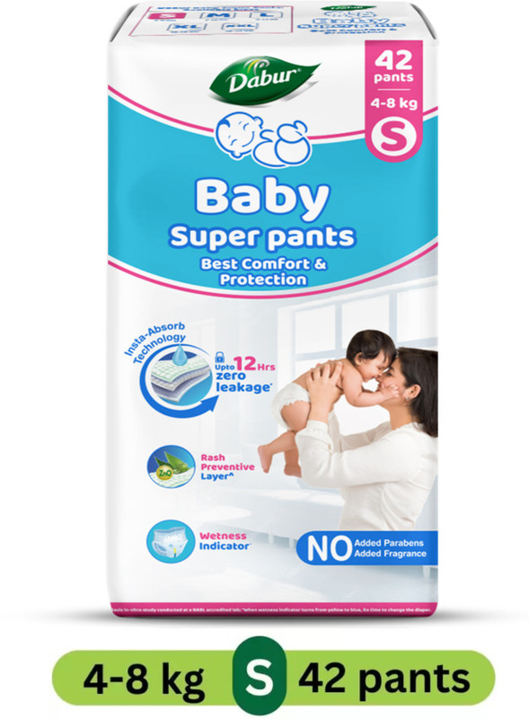 Dabur Baby Super Pants | Diaper Infused with Aloe Vera, Shea Butter & Vitamin E | Insta-Absorb Technology - S(42 Pieces)