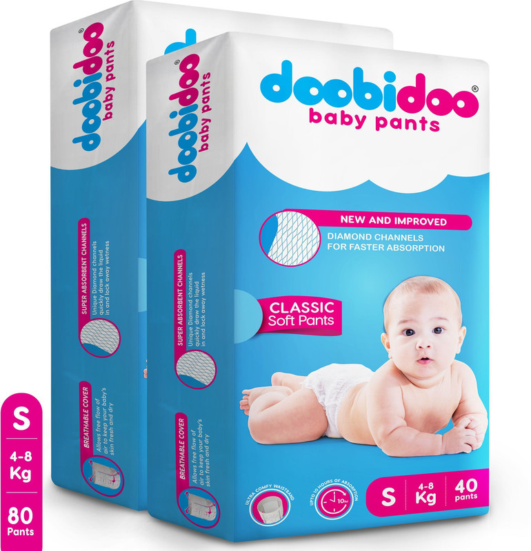 Doobidoo Newly Improved Classic Soft Diaper Anti-Leak Highly Absorbent Baby Pant 4-8Kg Pant Diapers - S(80 Pieces)