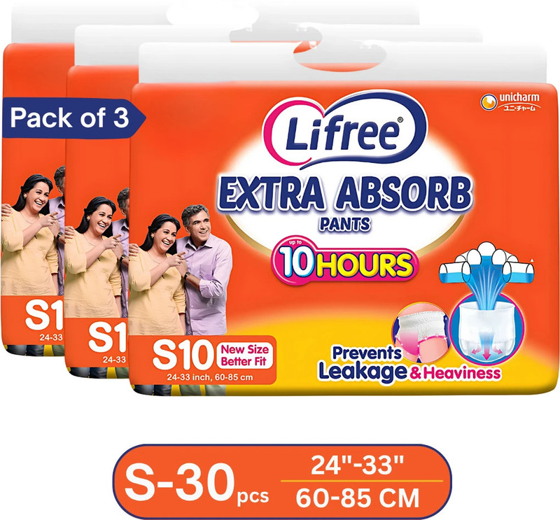 LIFREE Extra Absorb Pants | Up to 10 Hours Absorbption | 60-80 CM / 24-43 Inch Adult Diapers - S(30 Pieces)