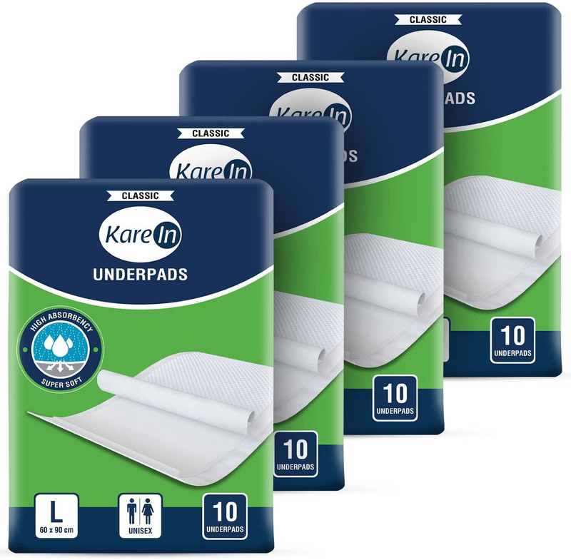 KareIn Mattey Underpads, Large 60x90 Cm, Super Absorb, Leak Proof, Pack of 4, 40 Count Adult Diapers - L(40 Pieces)