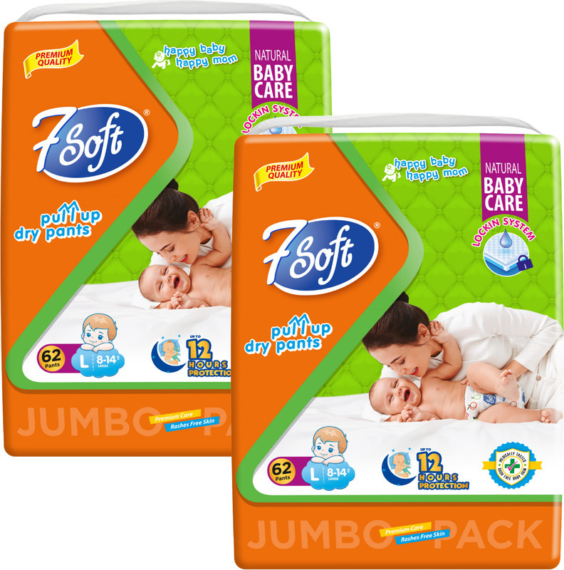 7 Soft aby Diaper Pants Large Size (L) - 124 Pants (62 x 2) | 12-Hour Protection - L(124 Pieces)
