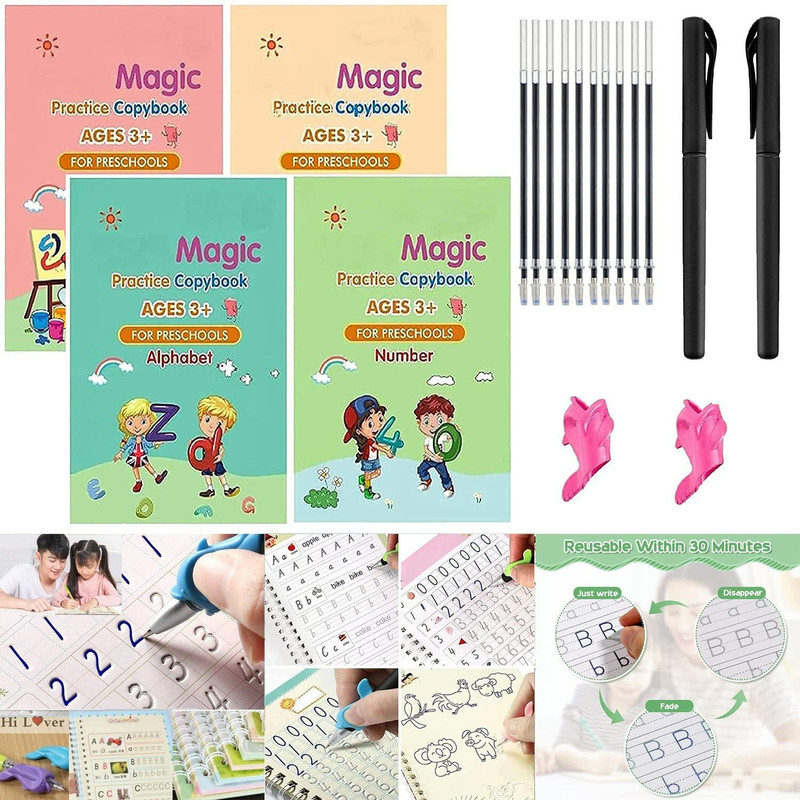 Tokid Sank Magic Book 10 Refills 2 Pen and 2 Grip Set of 4 Practice Workbook for kids(Multicolor)