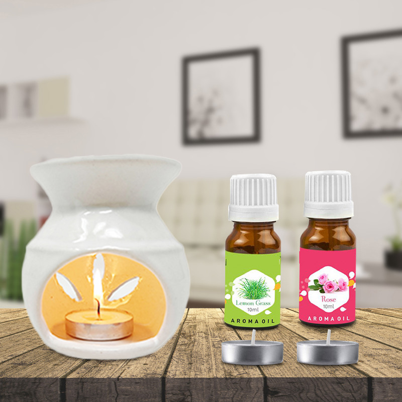 PEEPRESION White Ceramic Aroma Oil Burner With Rose & Lemongrass Aroma Oil(10ml Each) Home, Office, Spa, Hotel, Club, Gym, Conference Hall, Meeting Room Diffuser(White)