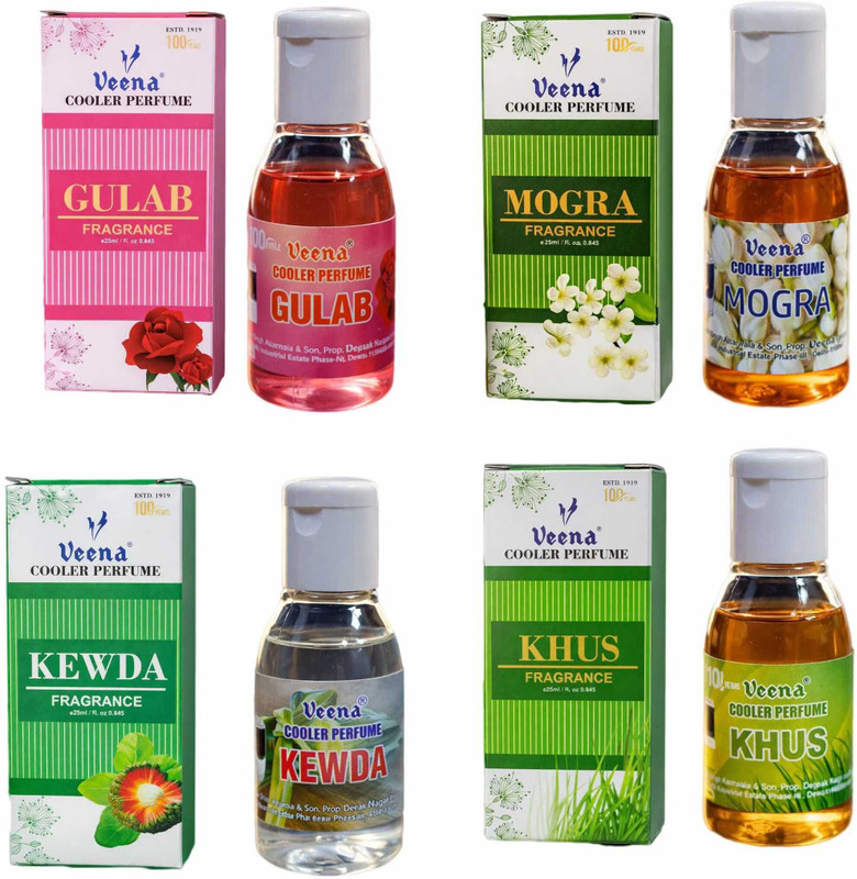 Veena Combo Cooler Perfume Gulab, Khus, Kewra, Mogra Fragrance (25 ml) Pack of 4 Water Cooler, air cooler Diffuser(Multicolor)