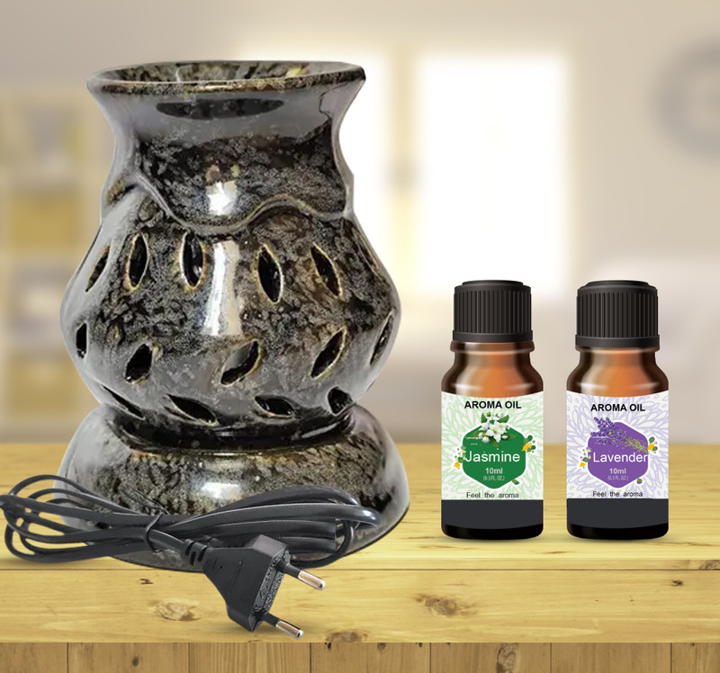 PEEPRESION Electric Air Diffuser Oil Burner With Scented Jasmine & Lavender Oil (10ml each) Suitable For Home, Office, Yoga, Temple, Bathroom, Studio, Meeting Room, Gym, Conference Hall Diffuser(Black)