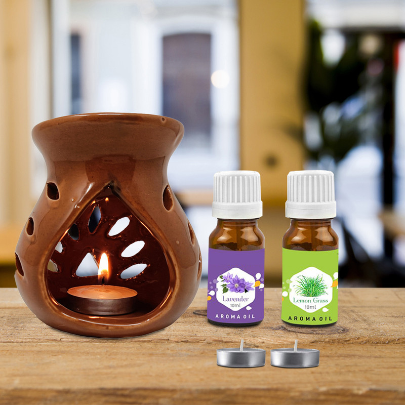 PEEPRESION Ceramic Brown Burner 2 T-light Candle And Lemongrass Lavender Scented Aroma Oil Home, Office, Spa, Hotel, Temple, Club, Gym Diffuser(Brown)
