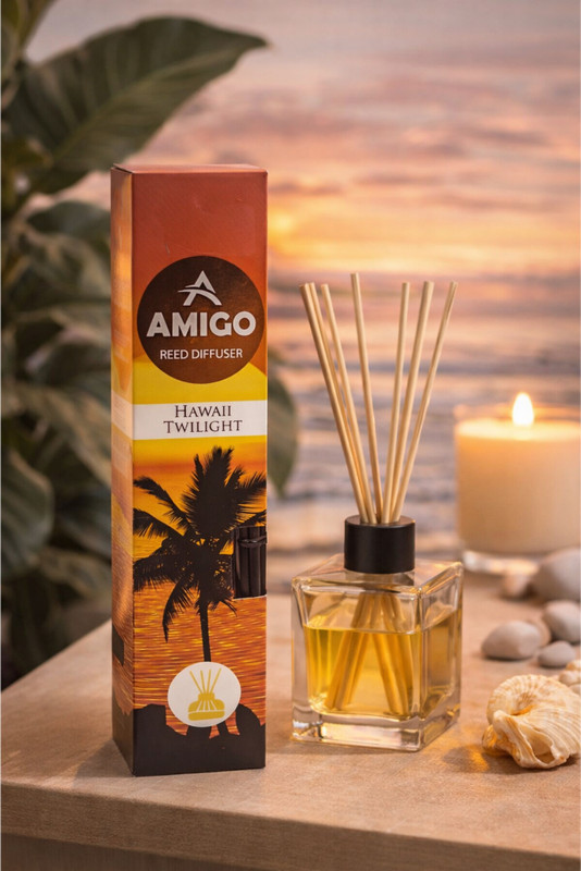 Amigo Hawai Twilight Reed Diffuser | Home Fragrance with Natural Rattan Sticks | Room Aroma and office Diffuser(White)